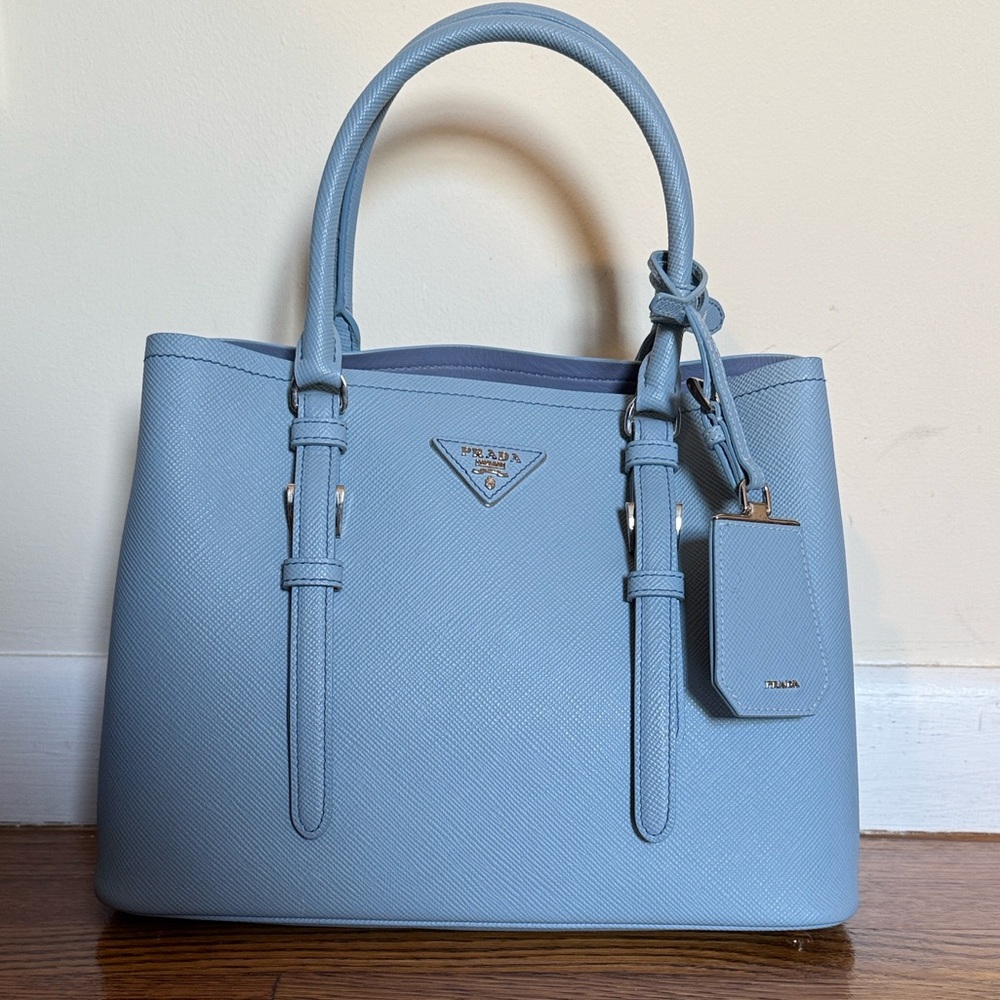 Prada Powder Blue Astrale Saffiano Leather Bag with Double Handles 12x9x5 inches